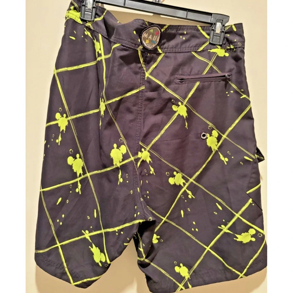 Maui and Sons black swim trunks with neon yellow/green graphic pattern Size 34